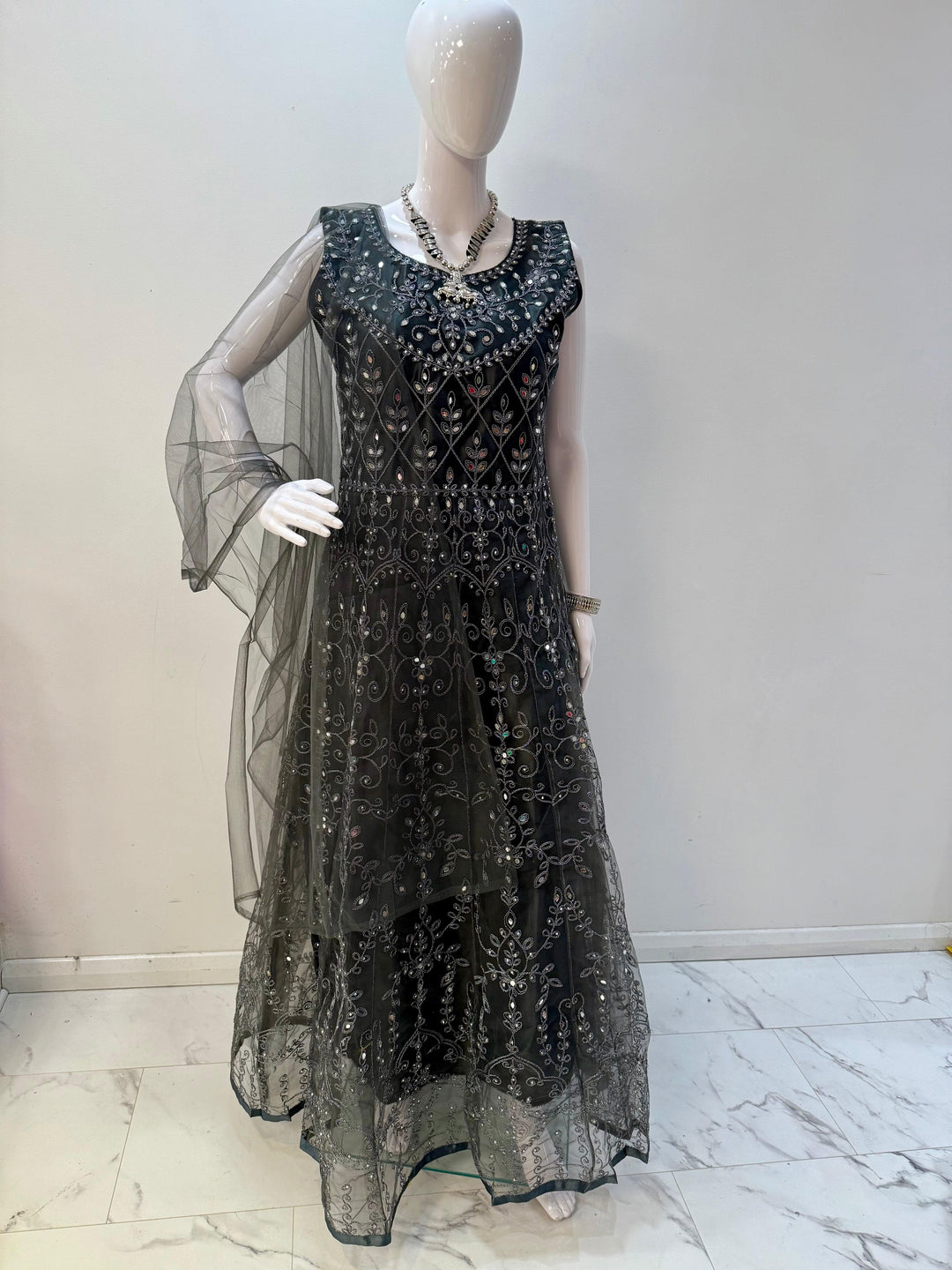 Elegant Dark Grey Embroidered Net Gown with Long Sleeves - Perfect for Special Occasions - Shree