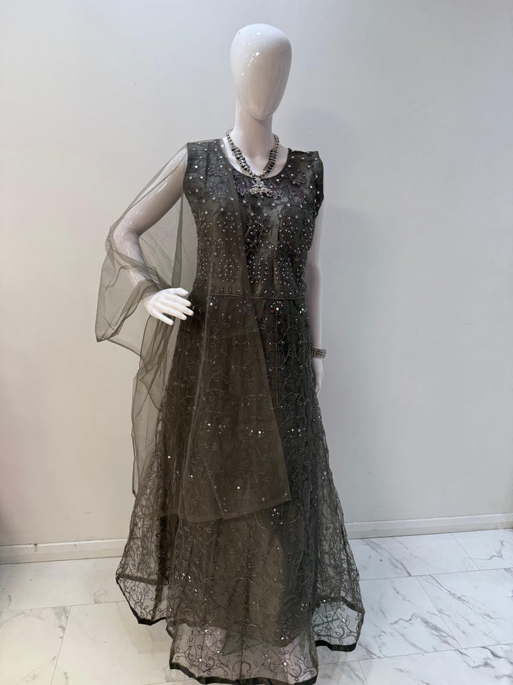 Elegant Grey Embroidered Net Gown with Long Sleeves - Perfect for Formal Occasions - Shree