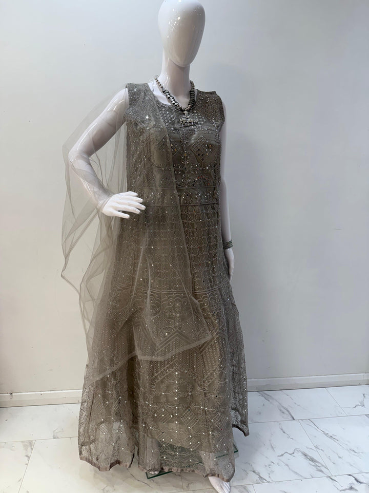 Elegant Light Grey Embroidered Net Gown with Long Sleeves - Perfect for Special Events - Shree