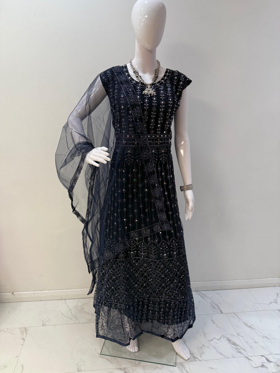 Stunning Navy Blue Embroidered Net Gown with Long Sleeves – Perfect for Sophisticated Occasions - Shree