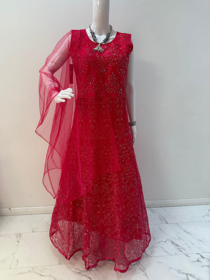 Glamorous Torch Red Embroidered Net Gown with Long Sleeves – Perfect for Special Moments - Shree