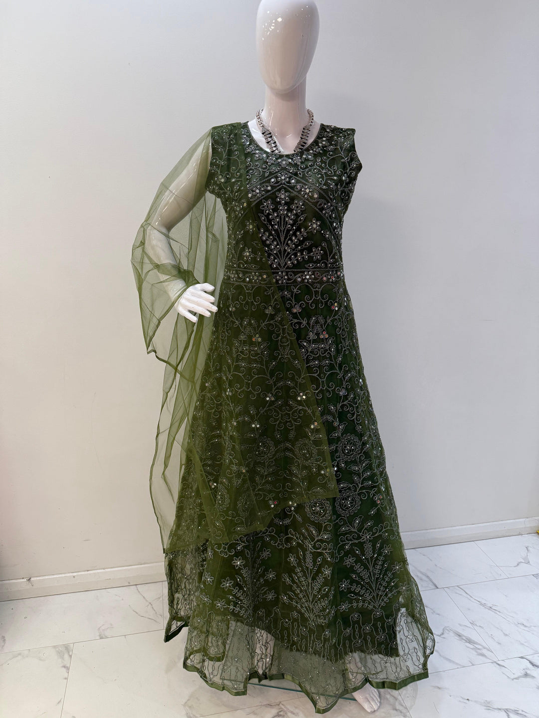 Sophisticated Olive Green Embroidered Net Gown with Long Sleeves – Ideal for Special Occasions - Shree