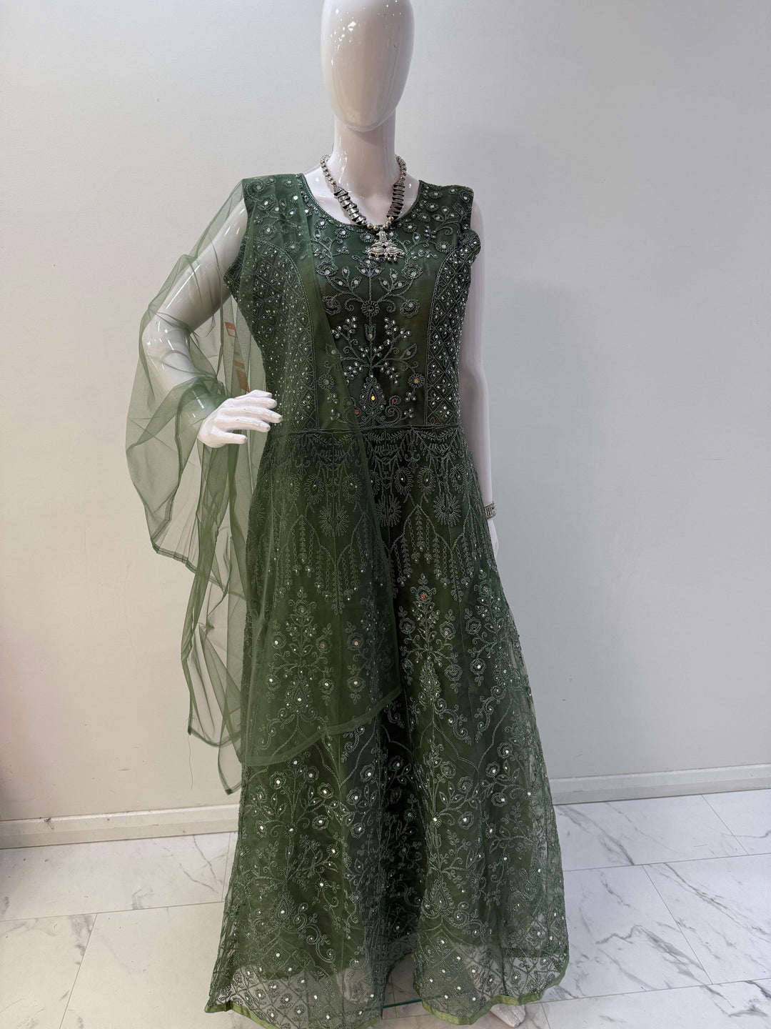 Enchanting Olive Green Embroidered Net Gown with Long Sleeves – Perfect for Elegant Occasions - Shree