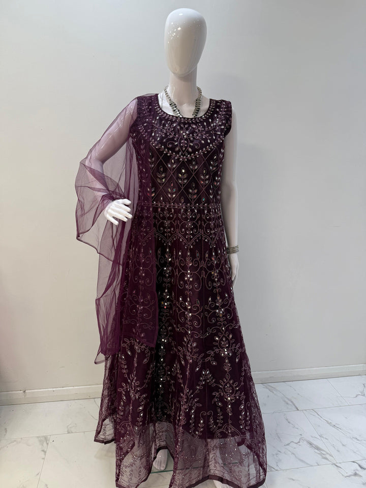 Elegant Plum Embroidered Net Gown with Long Sleeves – Perfect for Timeless Elegance - Shree