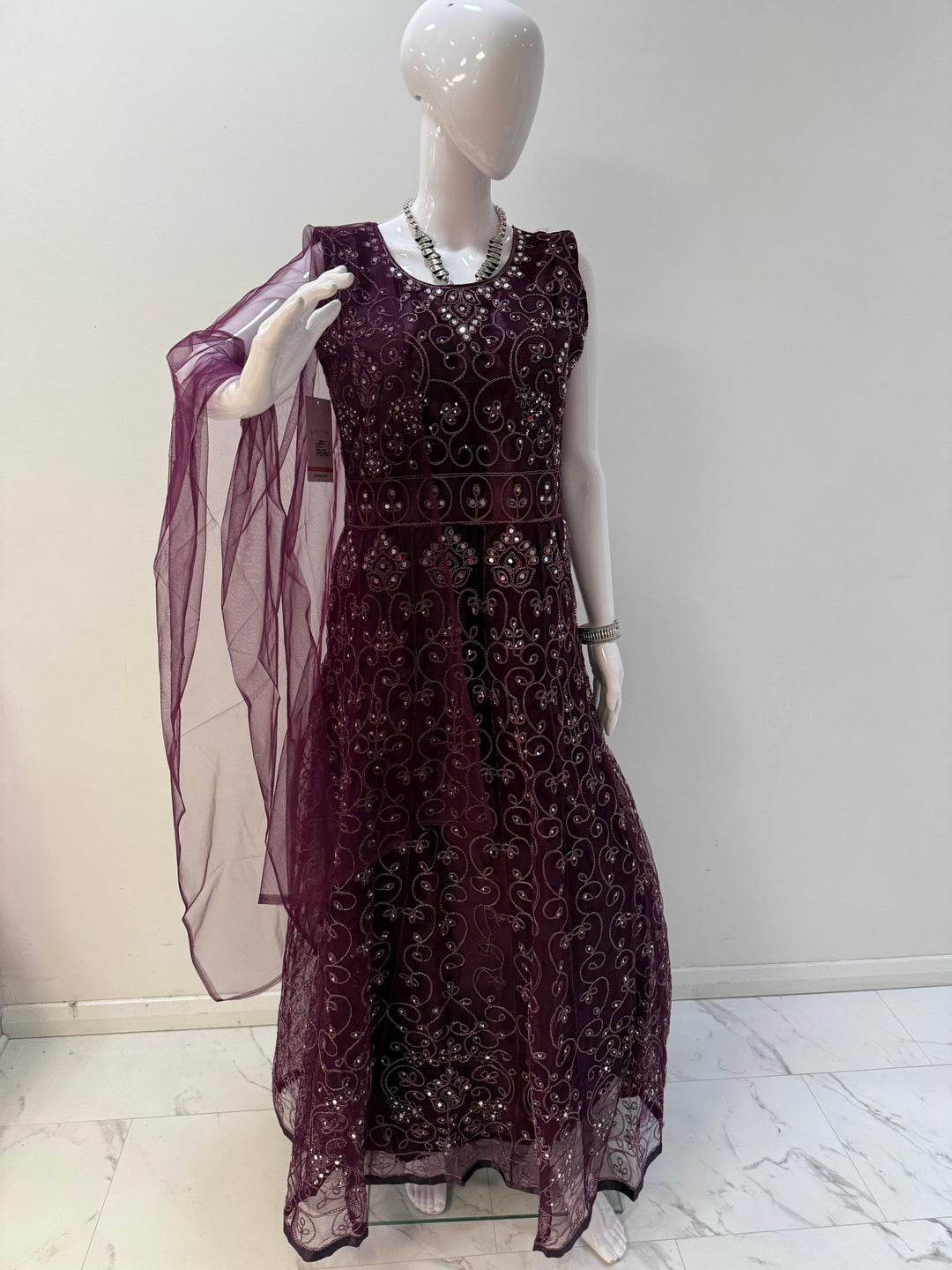 Gorgeous Plum Embroidered Net Gown with Long Sleeves – Perfect for Elegant Occasions - Shree