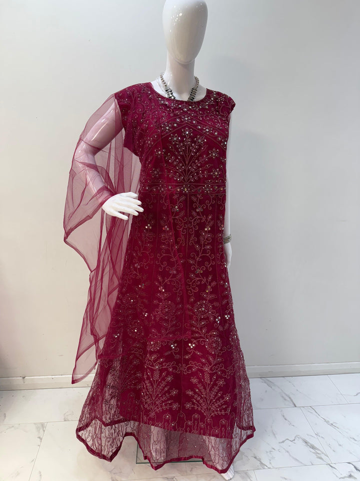 Elegant Light Plum Embroidered Net Gown with Long Sleeves – Perfect for Graceful Occasions - Shree