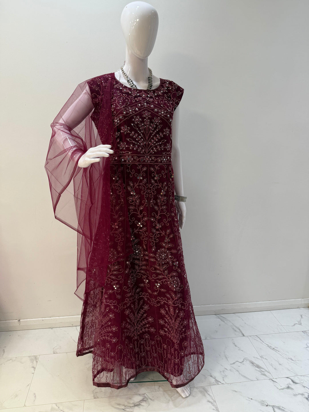 Exquisite Dark Plum Embroidered Net Gown with Long Sleeves – Perfect for Elegant Occasions - Shree