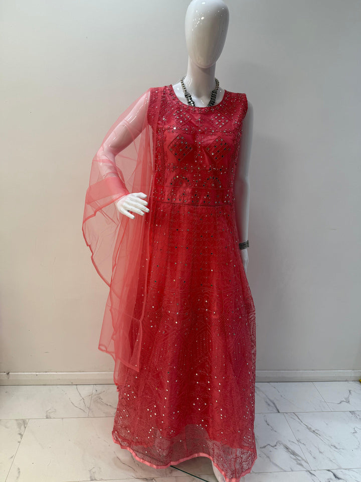 Stunning Peach Embroidered Net Gown with Long Sleeves – Perfect for Graceful Occasions - Shree