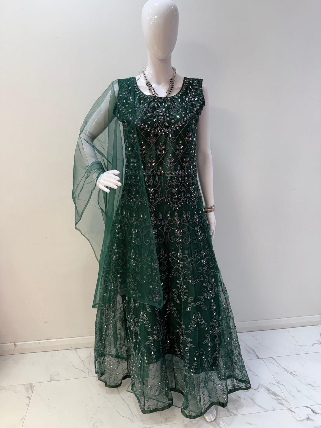 Elegant Emerald Green Embroidered Net Gown with Long Sleeves – Perfect for Special Occasions - Shree