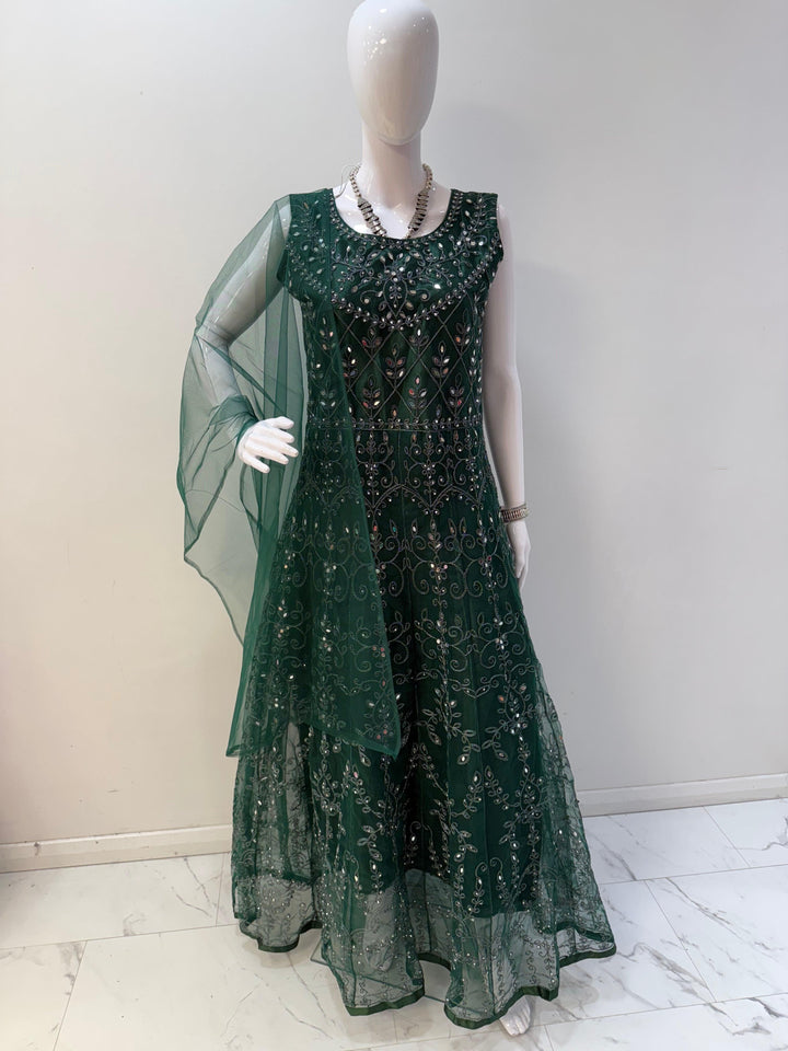 Elegant Emerald Green Embroidered Net Gown with Long Sleeves – Perfect for Special Occasions - Shree