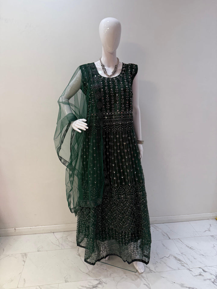 Sophisticated Deep Green Embroidered Net Gown with Long Sleeves – Perfect for Elegant Occasions - Shree