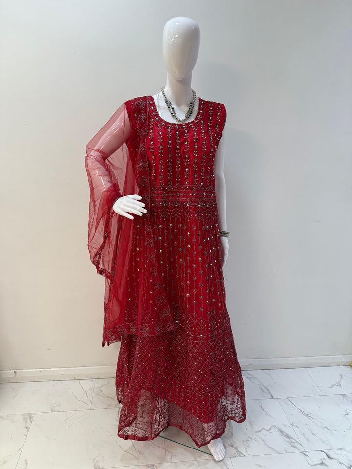 Elegant Red Embroidered Net Gown with Long Sleeves – Perfect for Timeless Occasions - Shree