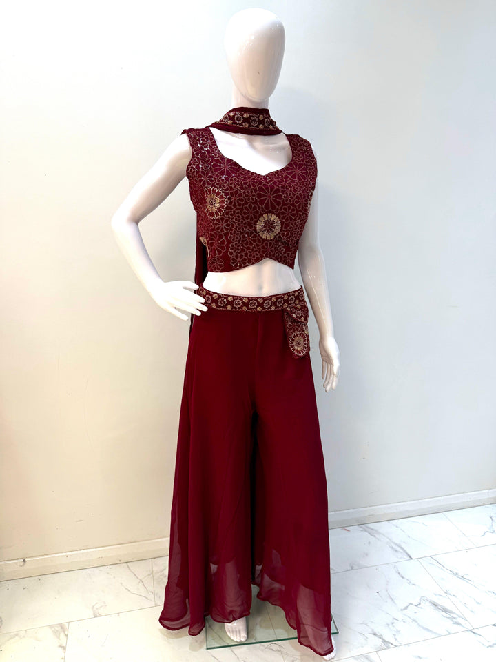 Embroidered Crop Top Palazzo Set with Choker Dupatta - Shree