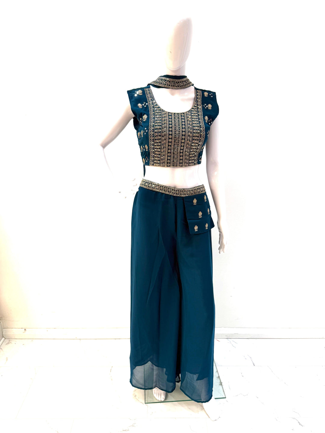 Sequin Embroidered Crop Top Palazzo Set with Choker Dupatta – Perfect Party Wear - Shree