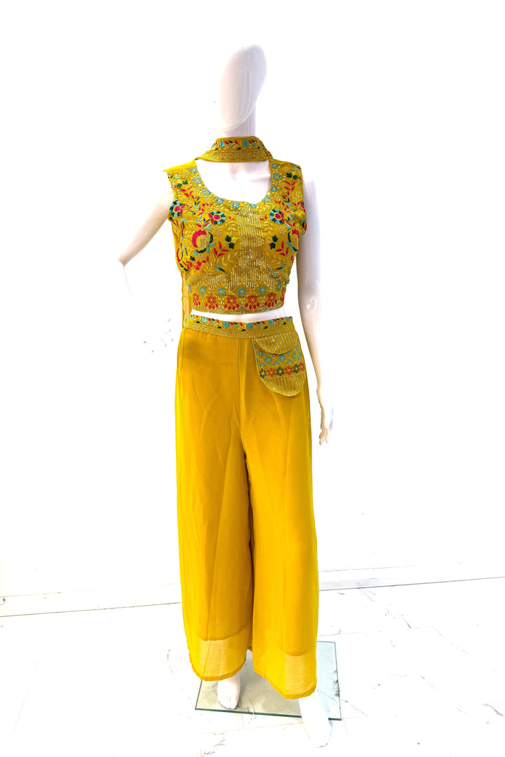 Vibrant Multi-Coloured Embroidered Crop Top & Palazzo Set - Shree