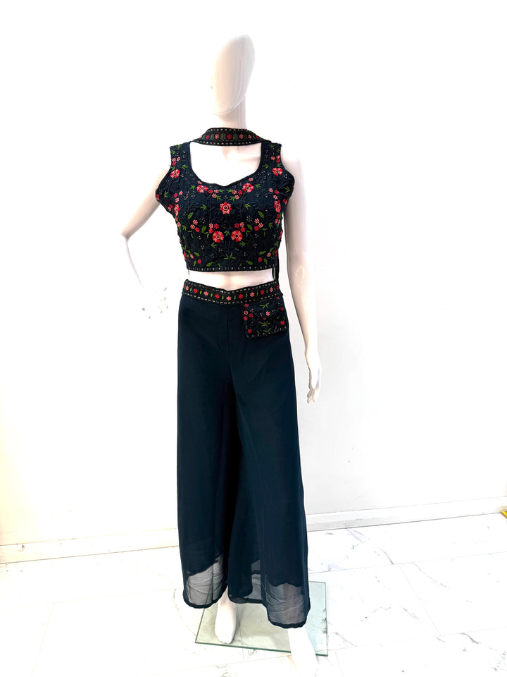 Elegant Floral Embroidered Crop Top & Palazzo Set - Shree