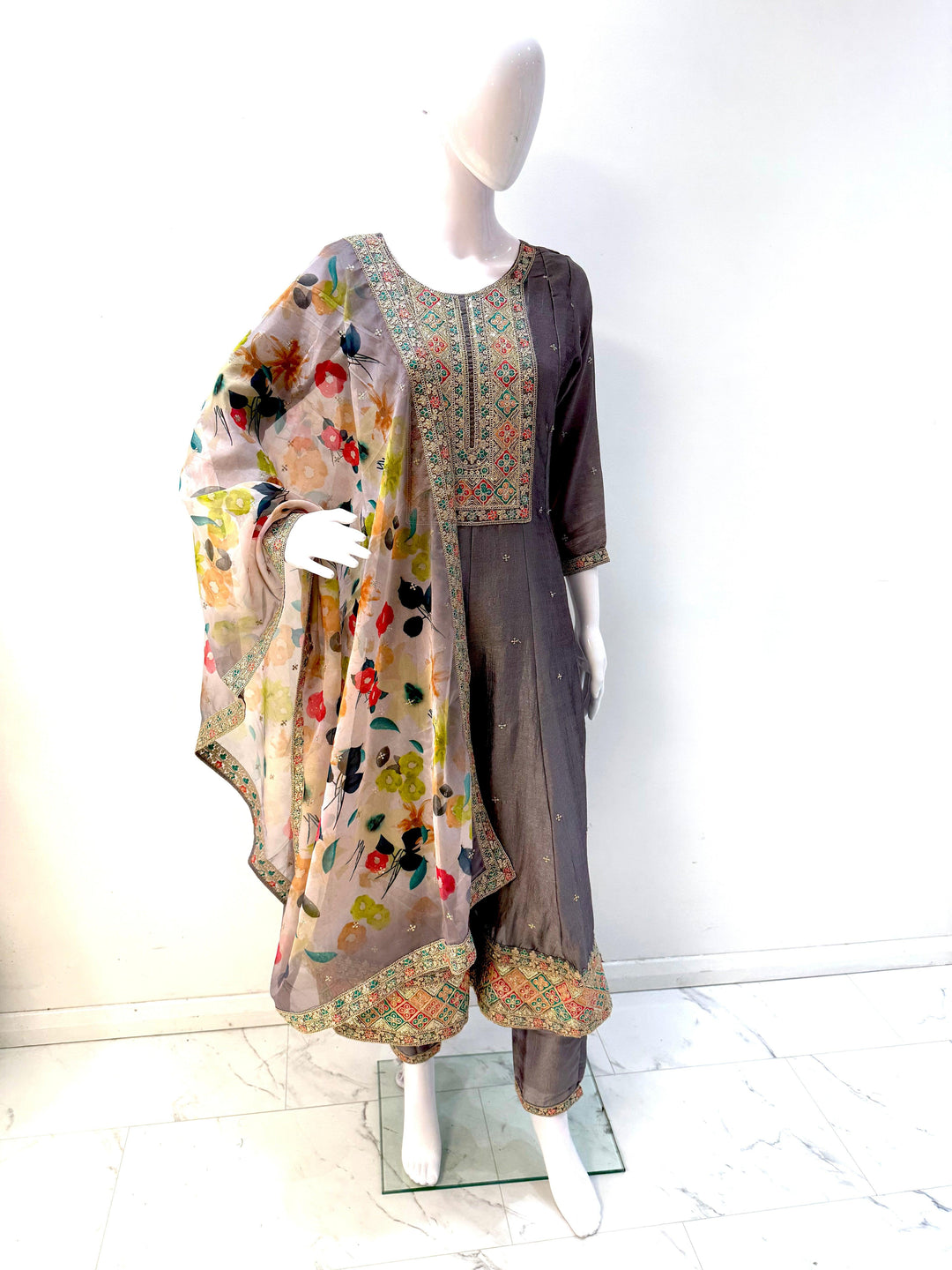 Anarkali Dress Printed Floral Dupatta - Elegance Redefined - Shree