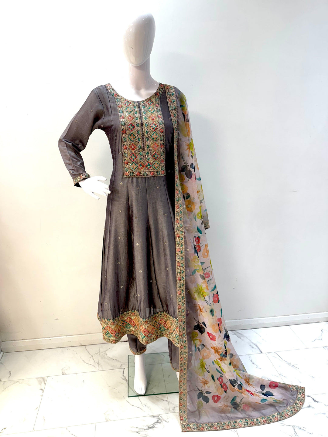 Anarkali Dress Printed Floral Dupatta - Elegance Redefined - Shree