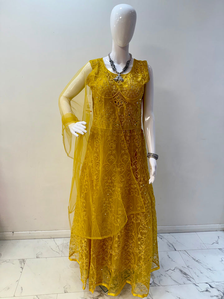 Elegant Yellow Embroidered Net Gown with Long Sleeves