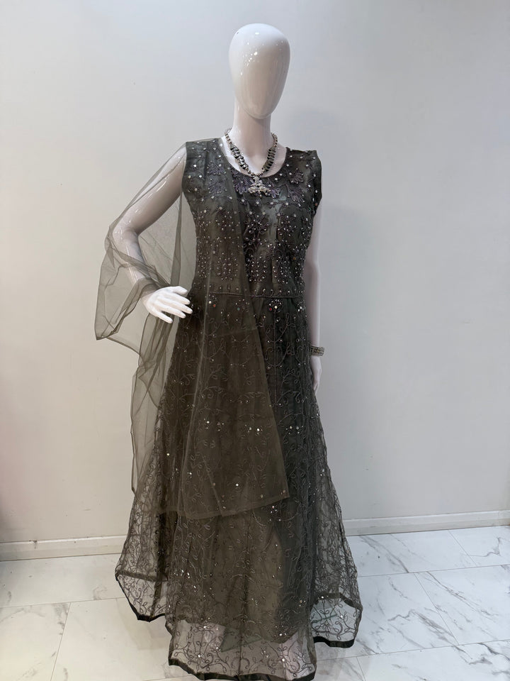 Elegant Grey Embroidered Net Gown with Long Sleeves - Perfect for Formal Occasions