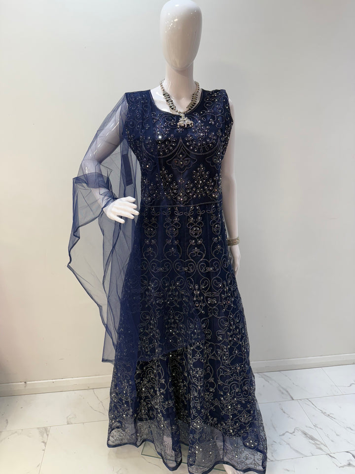 Elegant Navy Blue Embroidered Net Gown with Long Sleeves – Perfect for Special Occasions