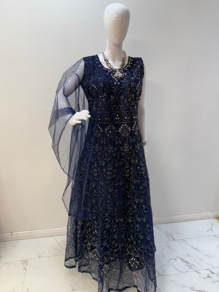 Exquisite Navy Blue Embroidered Net Gown with Long Sleeves – A Must-Have for Elegant Occasions