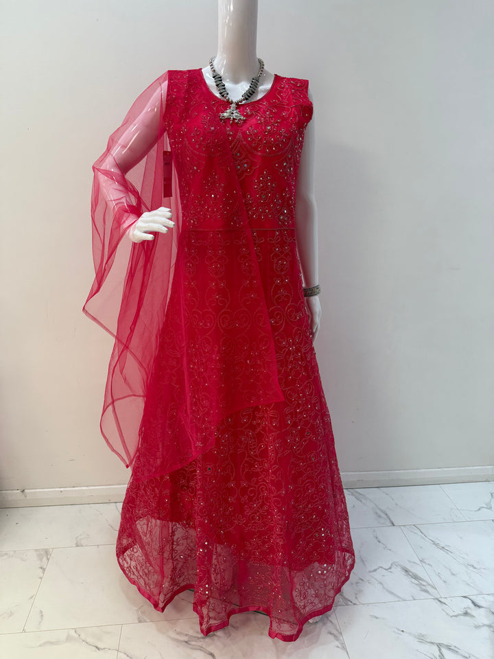 Glamorous Torch Red Embroidered Net Gown with Long Sleeves – Perfect for Special Moments