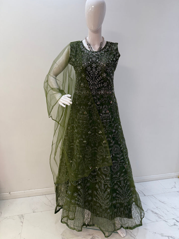 Sophisticated Olive Green Embroidered Net Gown with Long Sleeves – Ideal for Special Occasions