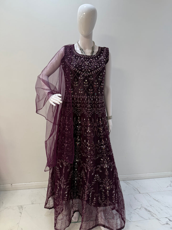 Elegant Plum Embroidered Net Gown with Long Sleeves – Perfect for Timeless Elegance