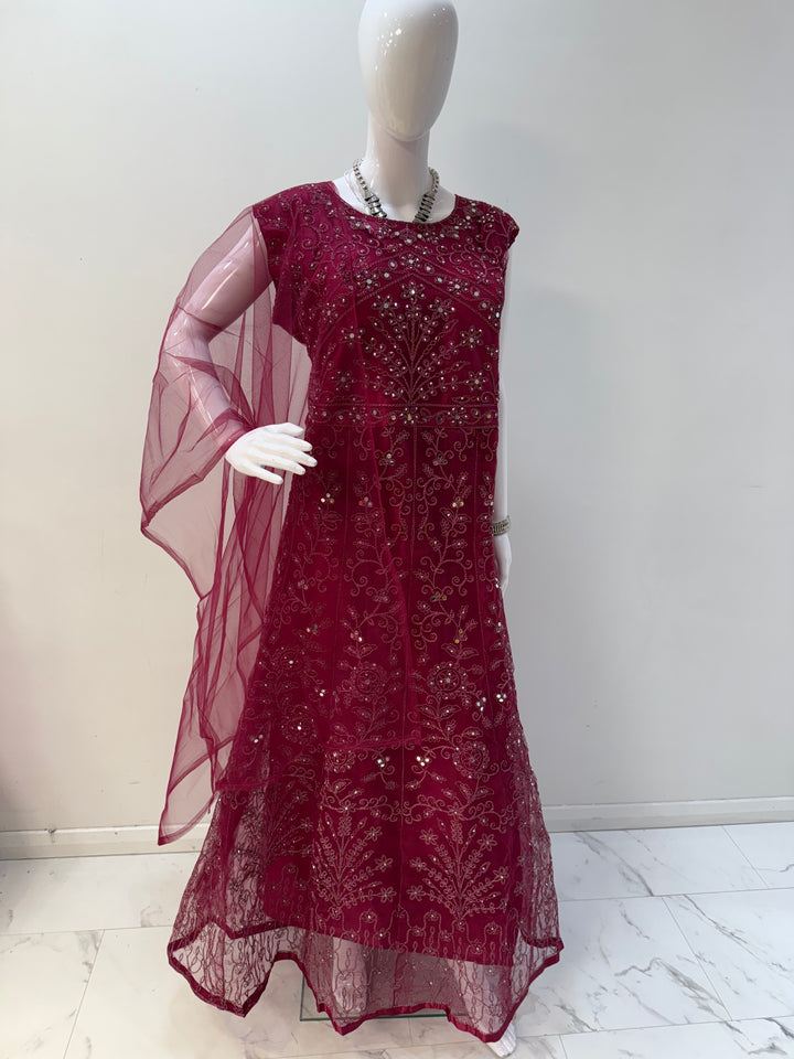 Elegant Light Plum Embroidered Net Gown with Long Sleeves – Perfect for Graceful Occasions