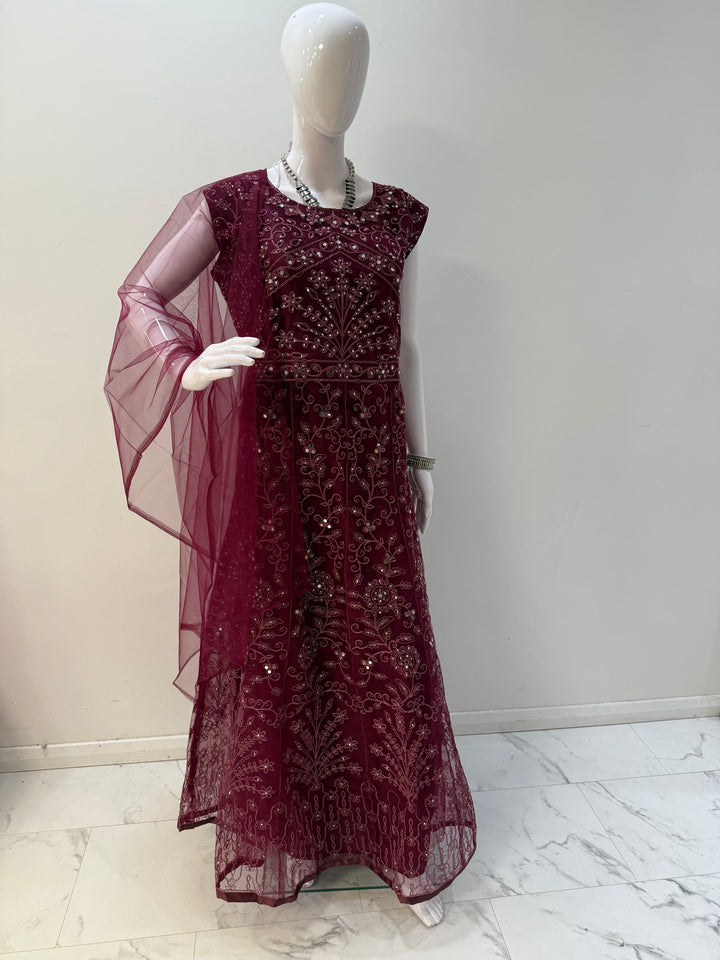 Exquisite Dark Plum Embroidered Net Gown with Long Sleeves – Perfect for Elegant Occasions