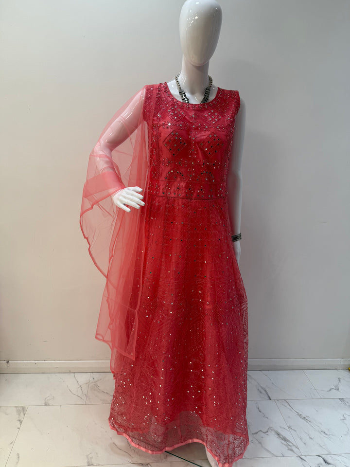 Stunning Peach Embroidered Net Gown with Long Sleeves – Perfect for Graceful Occasions