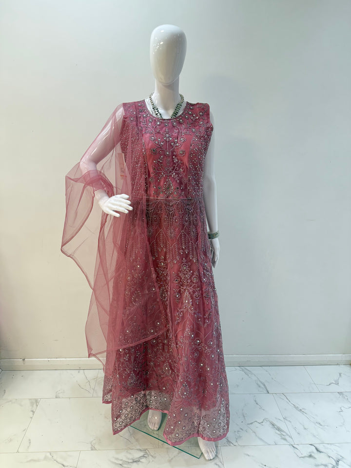 Elegant Solid Pink Embroidered Net Gown with Long Sleeves – Perfect for Timeless Occasions