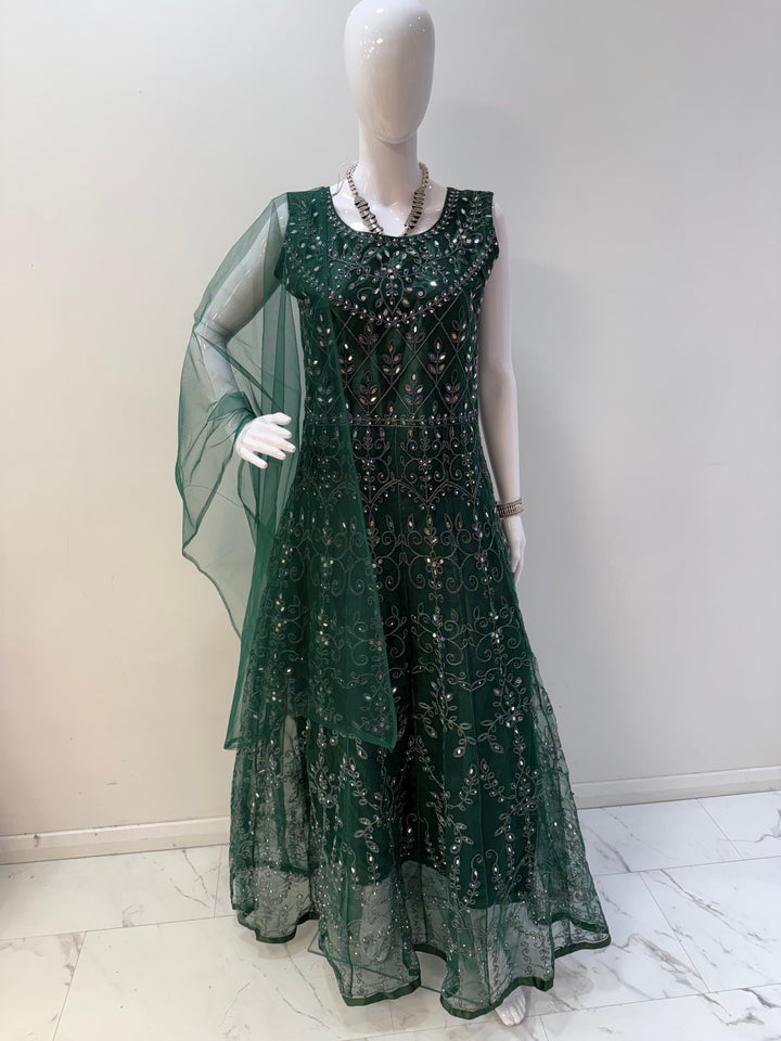 Elegant Emerald Green Embroidered Net Gown with Long Sleeves – Perfect for Special Occasions